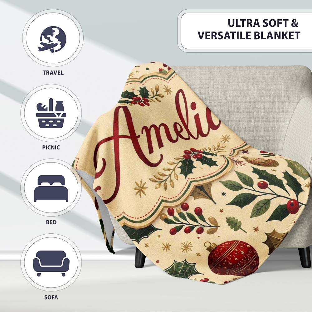 Vintage Christmas Trees Holly Berries Baubles Festive Holiday Design  Personalised Custom Name Super Soft Fleece Blanket Bed Sofa Throw