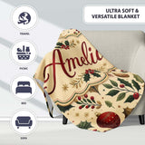 Vintage Christmas Trees Holly Berries Baubles Festive Holiday Design  Personalised Custom Name Super Soft Fleece Blanket Bed Sofa Throw