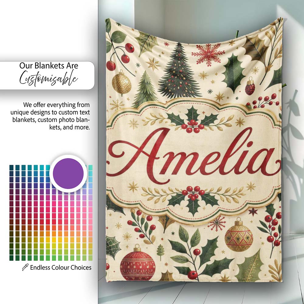 Vintage Christmas Trees Holly Berries Baubles Festive Holiday Design  Personalised Custom Name Super Soft Fleece Blanket Bed Sofa Throw