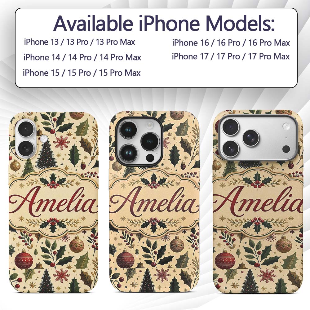 Vintage Christmas Trees Holly Berries Baubles Custom Name Protective Phone Case Mobile Cover Durable Everyday Smartphone Shock Resistant