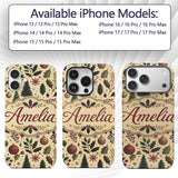 Vintage Christmas Trees Holly Berries Baubles Custom Name Protective Phone Case Mobile Cover Durable Everyday Smartphone Shock Resistant