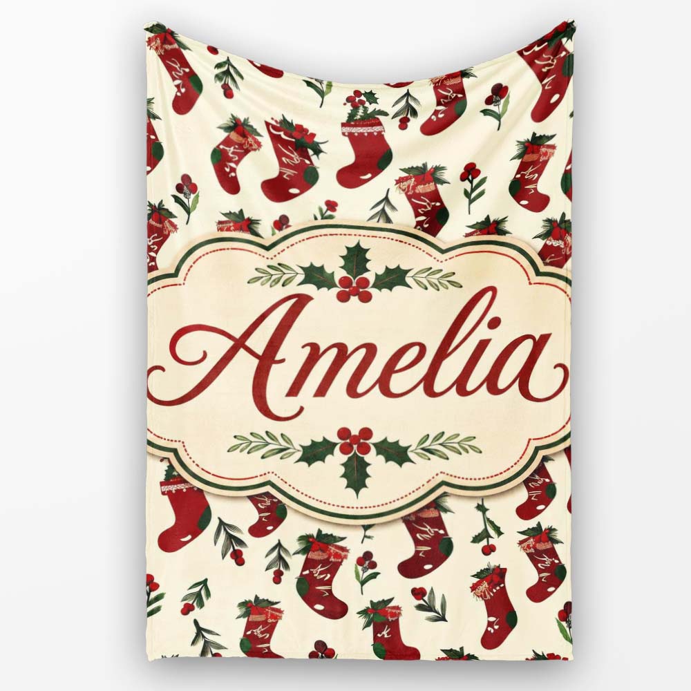 Christmas Stockings Holly Berries Seamless Pattern Festive Holiday  Personalised Custom Name Super Soft Fleece Blanket Bed Sofa Throw