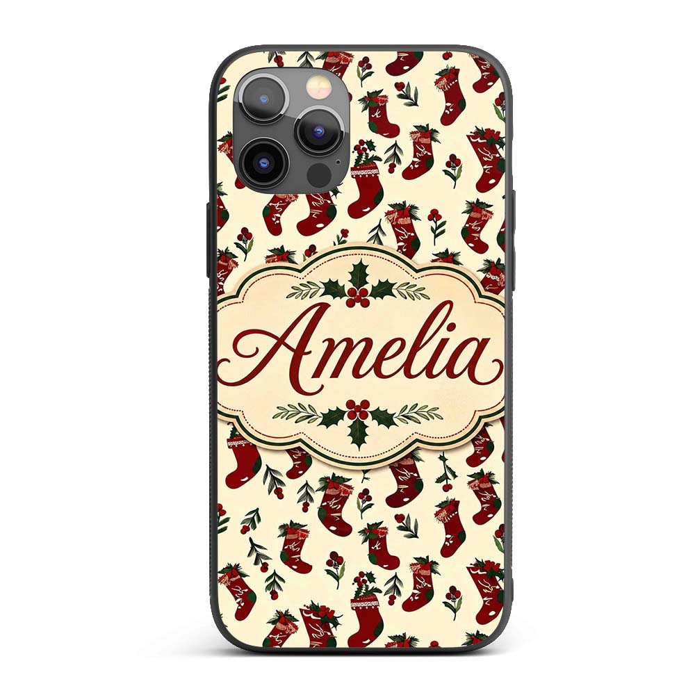 Christmas Stockings Holly Berries Printed Design Custom Name Protective Phone Case Mobile Cover Durable Everyday Smartphone Shock Resistant