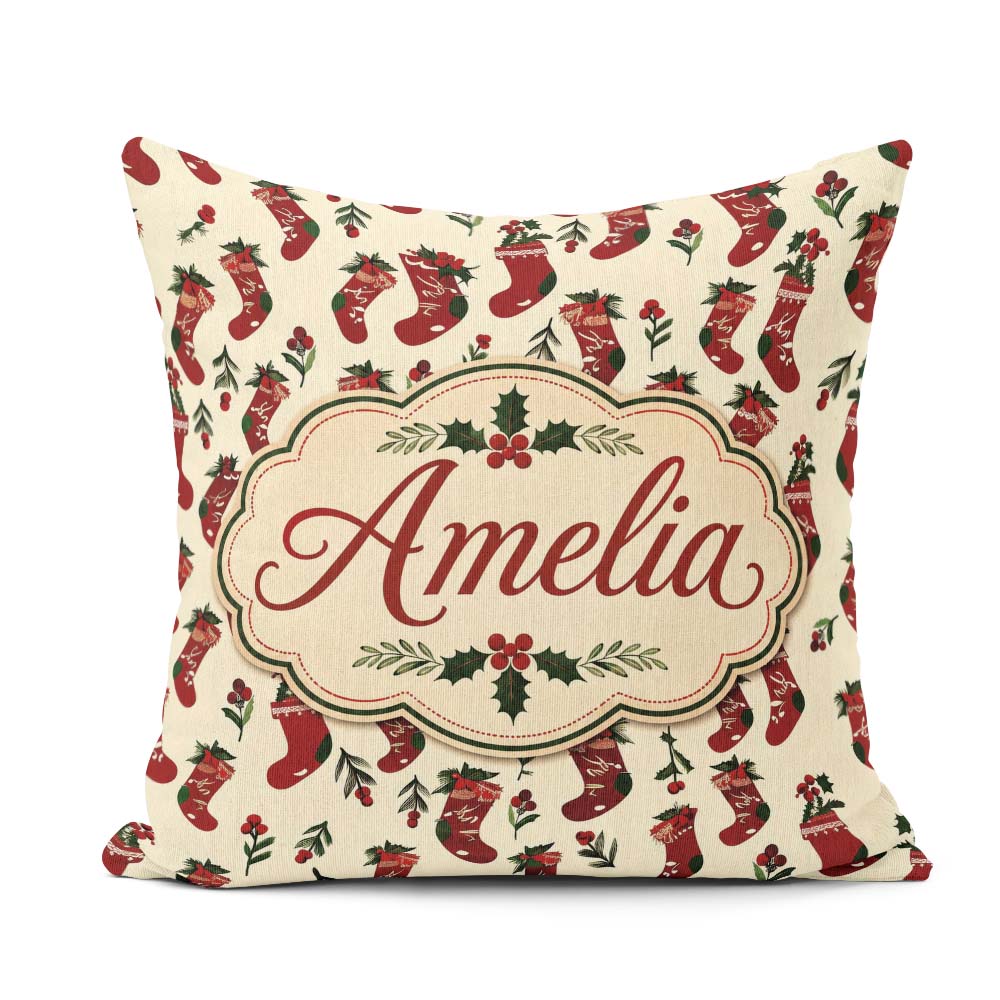 Custom Name Christmas Stockings Berries Seamless Pattern Festive Square Filled Cushion Throw Pillow Sofa Bed Home Decor Zip Washable UK Made