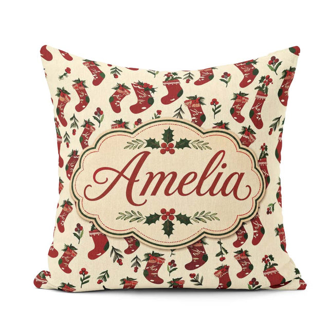 Custom Name Christmas Stockings Berries Seamless Pattern Festive Square Filled Cushion Throw Pillow Sofa Bed Home Decor Zip Washable UK Made