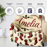 Christmas Stockings Holly Berries Seamless Pattern Festive Holiday  Personalised Custom Name Super Soft Fleece Blanket Bed Sofa Throw