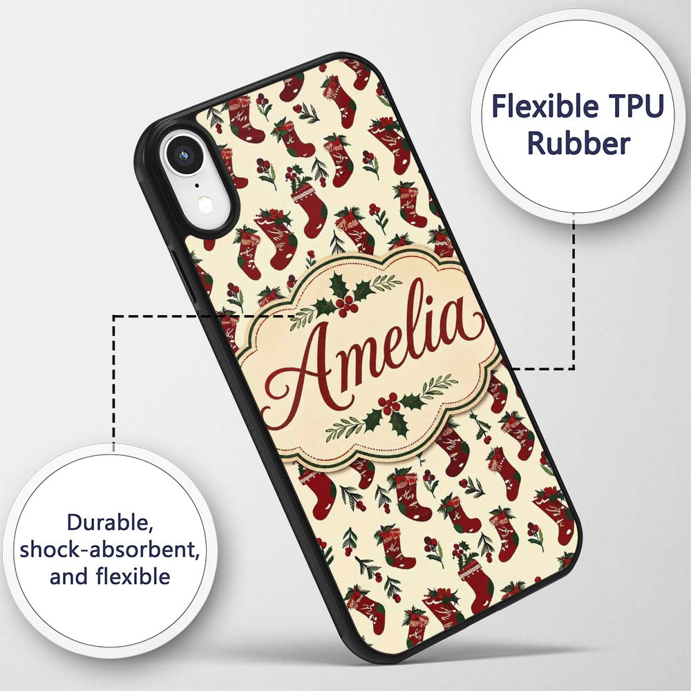 Christmas Stockings Holly Berries Printed Design Custom Name Protective Phone Case Mobile Cover Durable Everyday Smartphone Shock Resistant