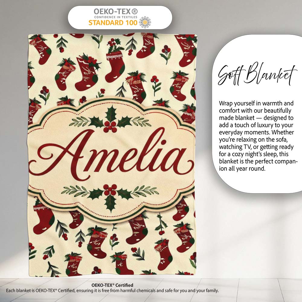 Christmas Stockings Holly Berries Seamless Pattern Festive Holiday  Personalised Custom Name Super Soft Fleece Blanket Bed Sofa Throw