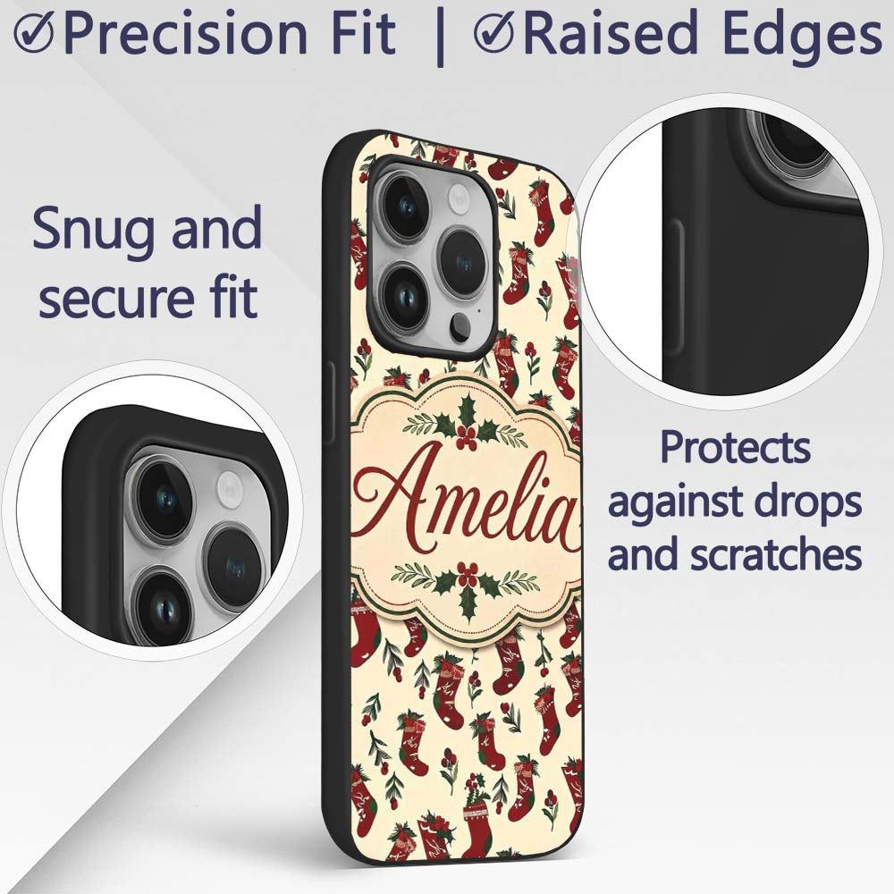 Christmas Stockings Holly Berries Printed Design Custom Name Protective Phone Case Mobile Cover Durable Everyday Smartphone Shock Resistant