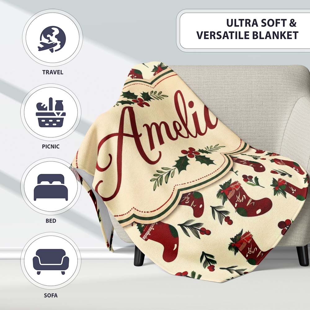 Christmas Stockings Holly Berries Seamless Pattern Festive Holiday  Personalised Custom Name Super Soft Fleece Blanket Bed Sofa Throw