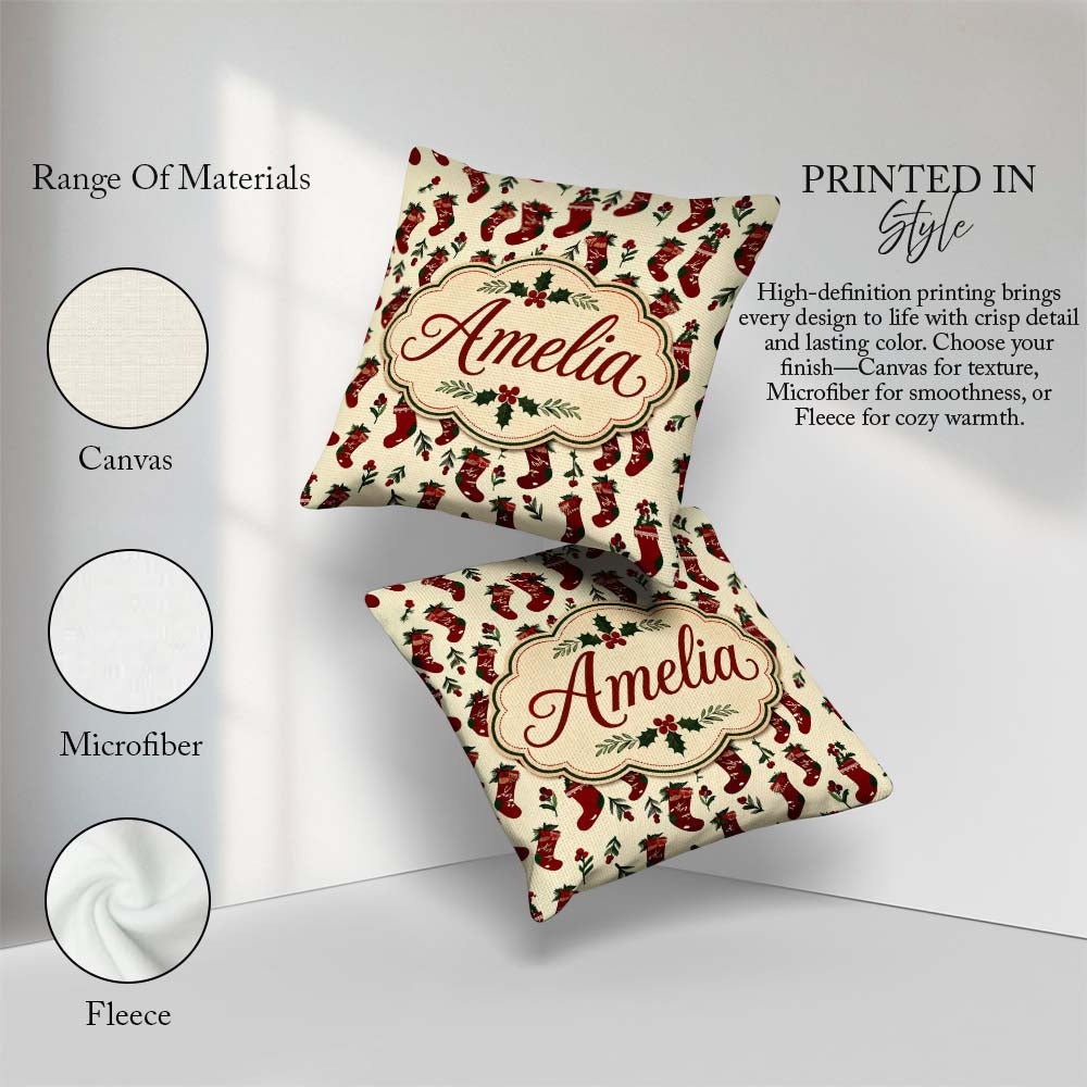 Custom Name Christmas Stockings Berries Seamless Pattern Festive Square Filled Cushion Throw Pillow Sofa Bed Home Decor Zip Washable UK Made