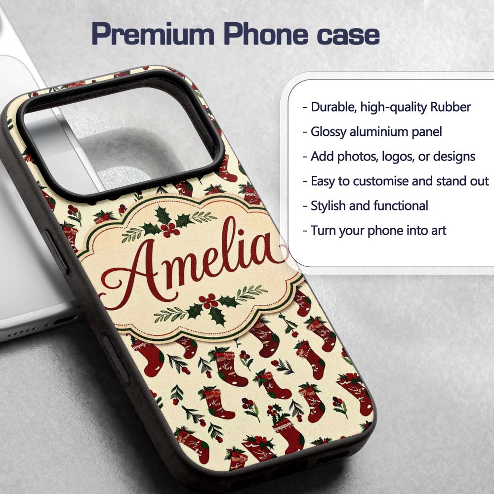 Christmas Stockings Holly Berries Printed Design Custom Name Protective Phone Case Mobile Cover Durable Everyday Smartphone Shock Resistant