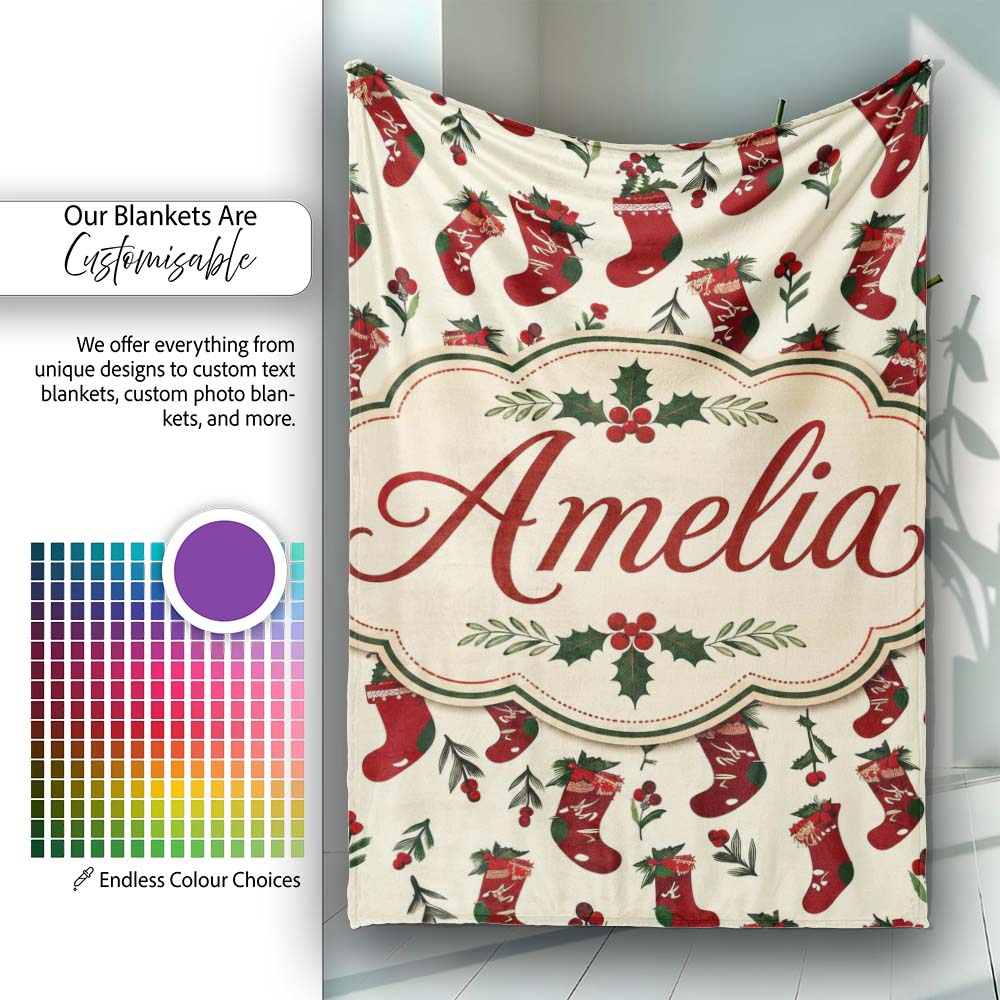 Christmas Stockings Holly Berries Seamless Pattern Festive Holiday  Personalised Custom Name Super Soft Fleece Blanket Bed Sofa Throw
