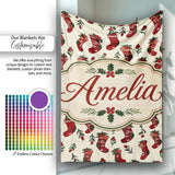 Christmas Stockings Holly Berries Seamless Pattern Festive Holiday  Personalised Custom Name Super Soft Fleece Blanket Bed Sofa Throw