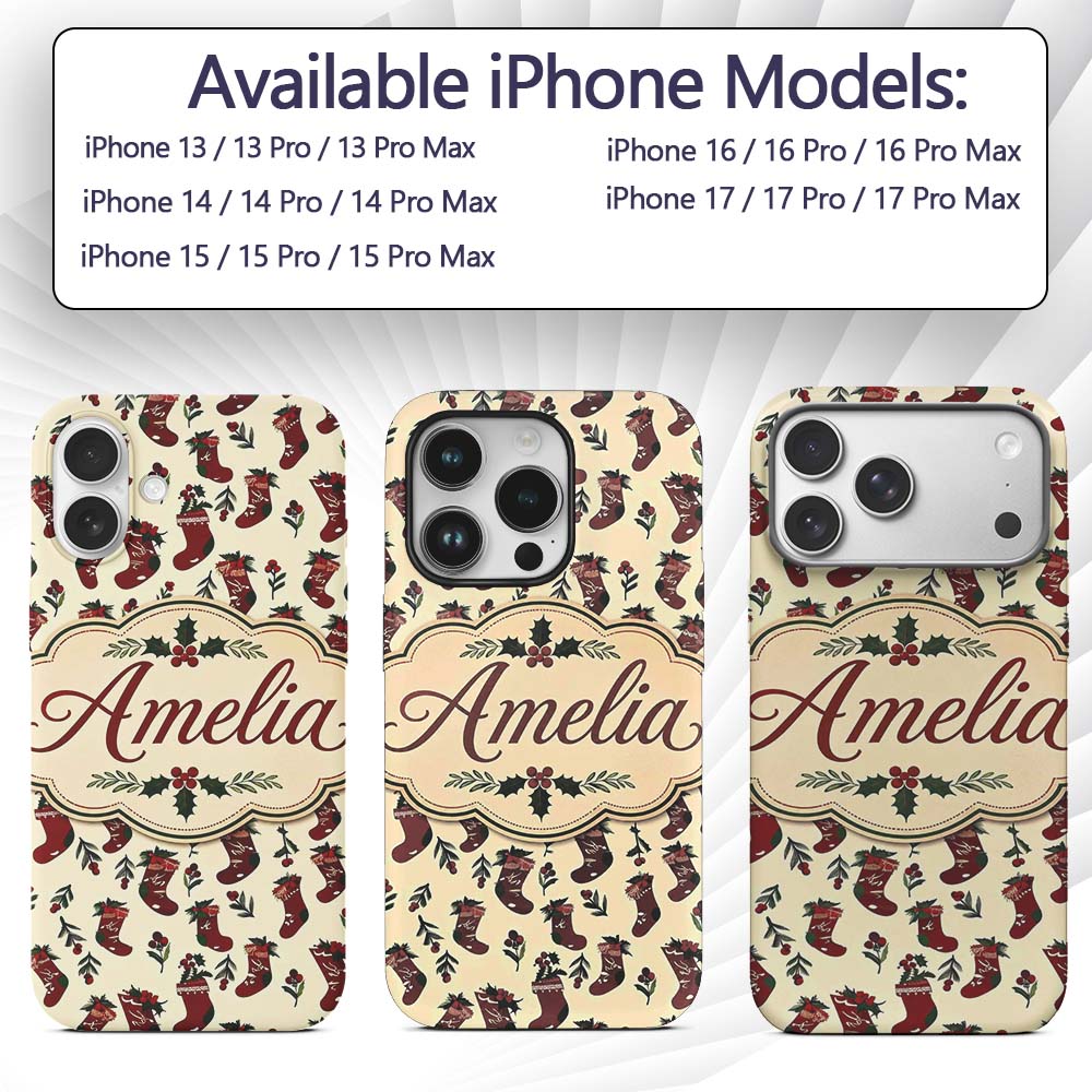 Christmas Stockings Holly Berries Printed Design Custom Name Protective Phone Case Mobile Cover Durable Everyday Smartphone Shock Resistant