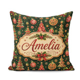 Custom Name Trees Baubles Stars Seamless Pattern Festive Holiday Square Filled Cushion Throw Pillow Sofa Bed Home Decor Zip Washable UK Made