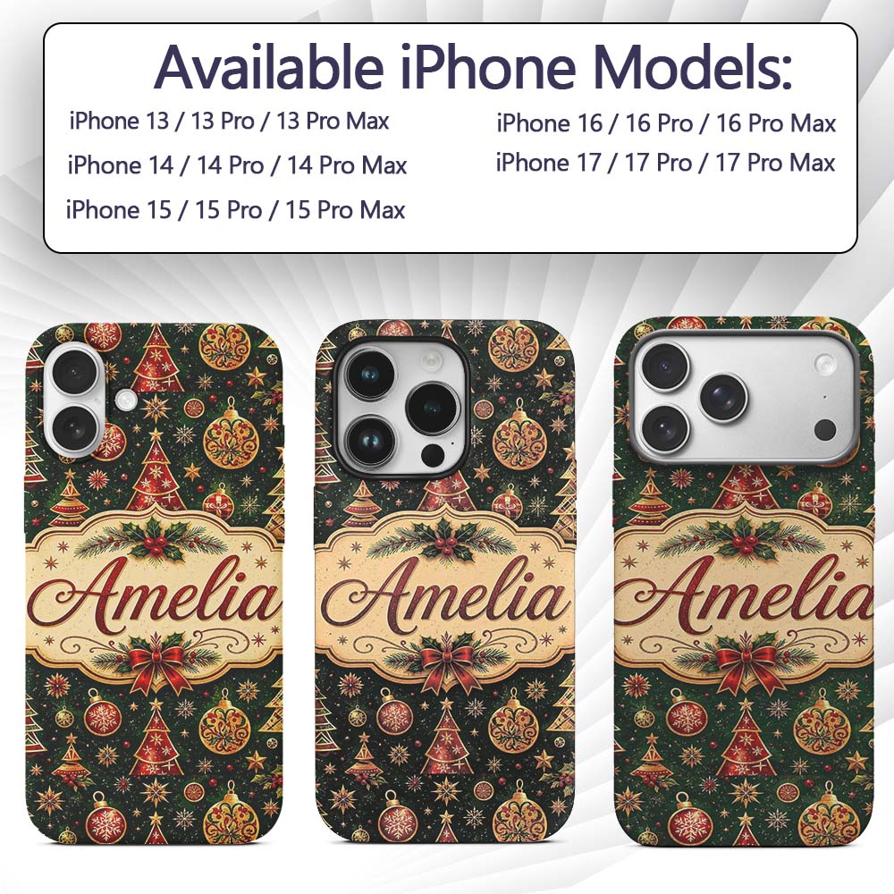 Christmas Trees Baubles Stars Seamless Pattern Custom Name Protective Phone Case Mobile Cover Durable Everyday Smartphone Shock Resistant