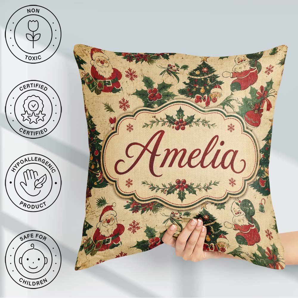 Custom Name Santa Claus Christmas Trees Seamless Pattern Festive Square Filled Cushion Throw Pillow Sofa Bed Home Decor Zip Washable UK Made