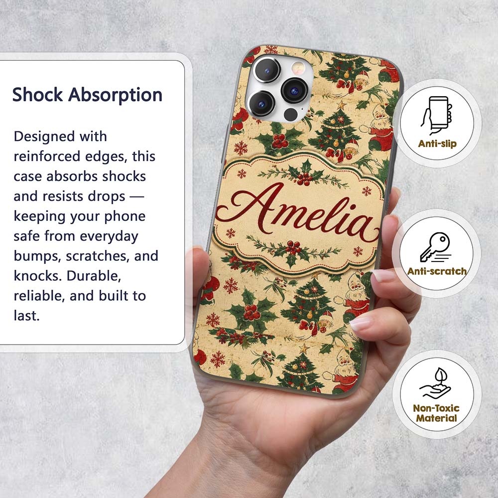 Cute Santa Claus Christmas Trees Holly Seamless Custom Name Protective Phone Case Mobile Cover Durable Everyday Smartphone Shock Resistant