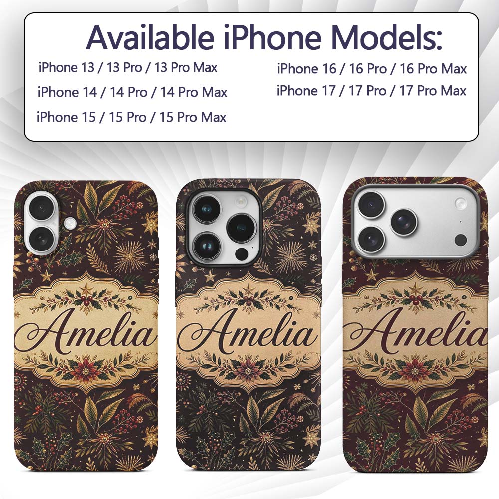 Elegant Christmas Botanical Pine Leaves Gold Custom Name Protective Phone Case Mobile Cover Durable Everyday Smartphone Shock Resistant