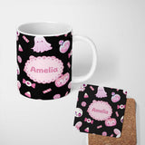 Personalized Custom Name Cute Pastel Goth Bunny Ghost Pumpkin Candy Pattern Soft Grey Lovely 11oz Ceramic Coffee Tea Mug White Large Handle