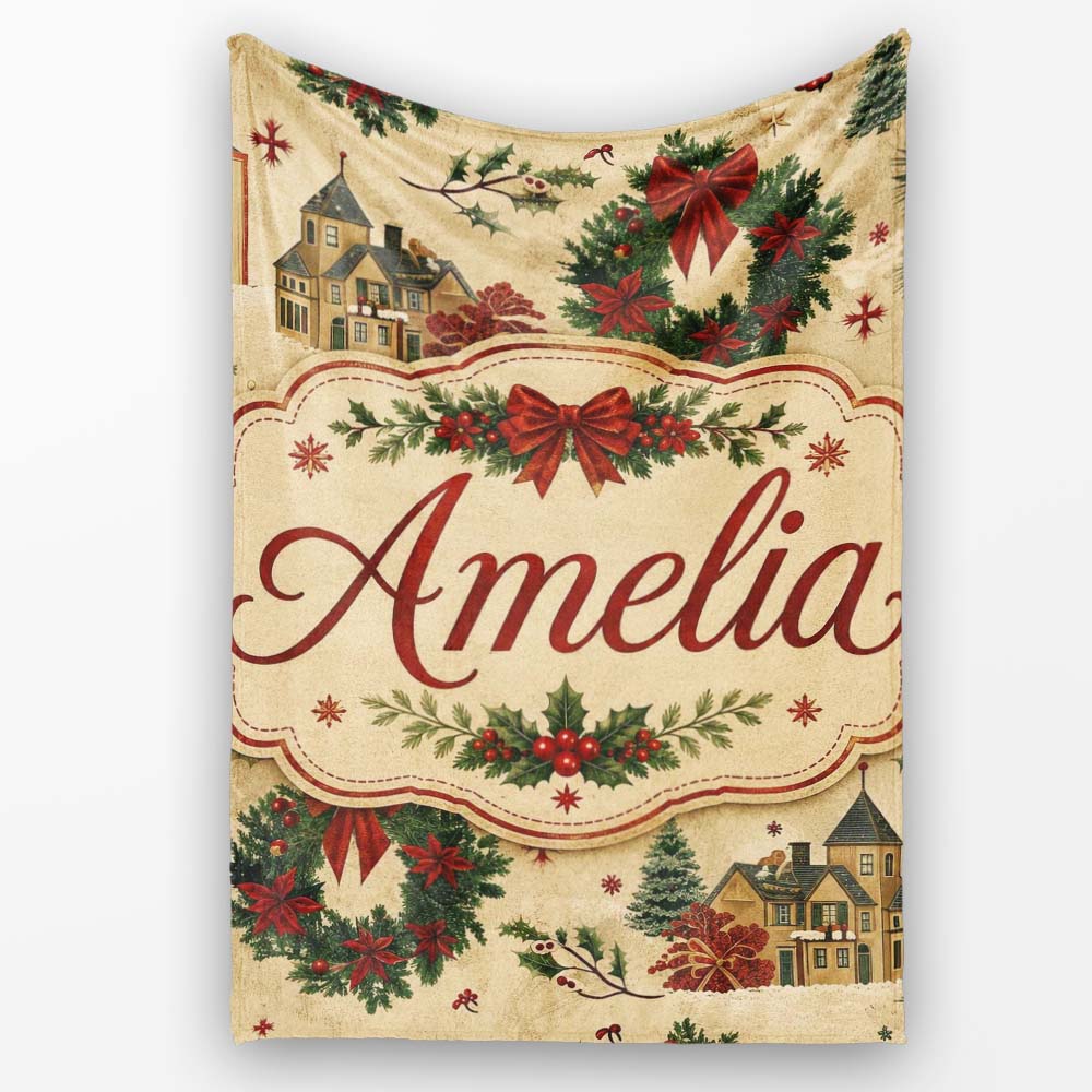 Classic Christmas Wreaths Bows Village Houses Festive Holiday Design  Personalised Custom Name Super Soft Fleece Blanket Bed Sofa Throw