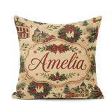 Custom Name Classic Christmas Wreaths Bows Village Houses Design Square Filled Cushion Throw Pillow Sofa Bed Home Decor Zip Washable UK Made