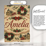 Classic Christmas Wreaths Bows Village Houses Festive Holiday Design  Personalised Custom Name Super Soft Fleece Blanket Bed Sofa Throw