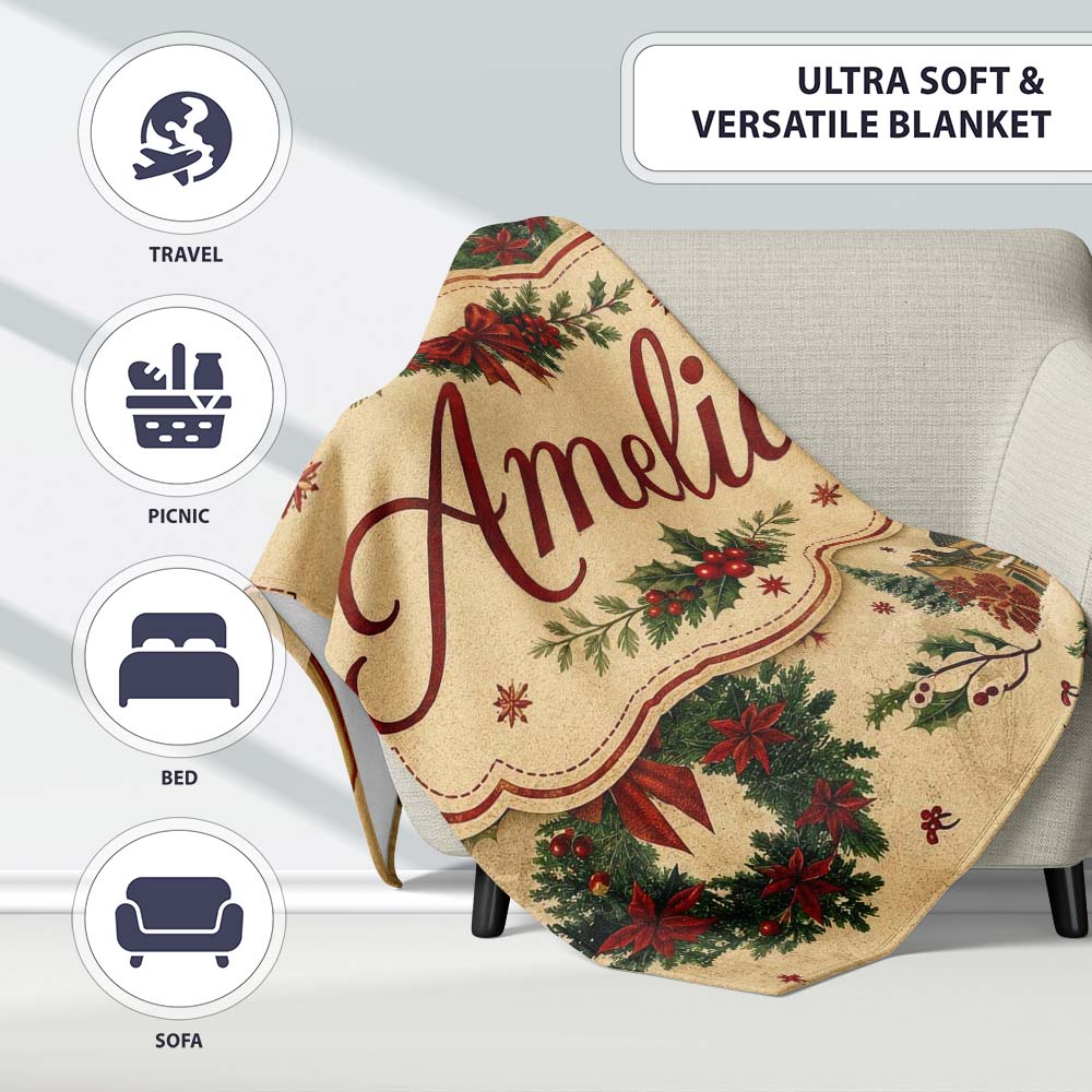 Classic Christmas Wreaths Bows Village Houses Festive Holiday Design  Personalised Custom Name Super Soft Fleece Blanket Bed Sofa Throw