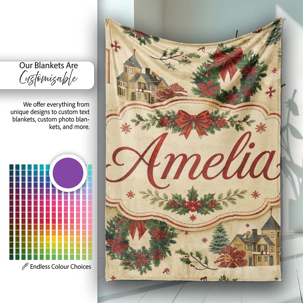 Classic Christmas Wreaths Bows Village Houses Festive Holiday Design  Personalised Custom Name Super Soft Fleece Blanket Bed Sofa Throw