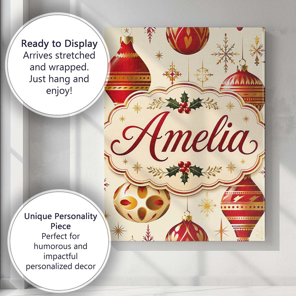 Personalised Name Elegant Red Gold Christmas Custom Bespoke  Contemporary Display Canvas Wall Art Print Decor Picture Ready to Hang