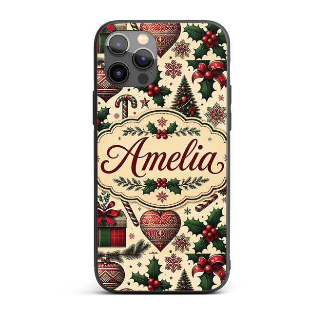 Vintage Christmas Tree Candy Cane Gifts Holly Custom Name Protective Phone Case Mobile Cover Durable Everyday Smartphone Shock Resistant