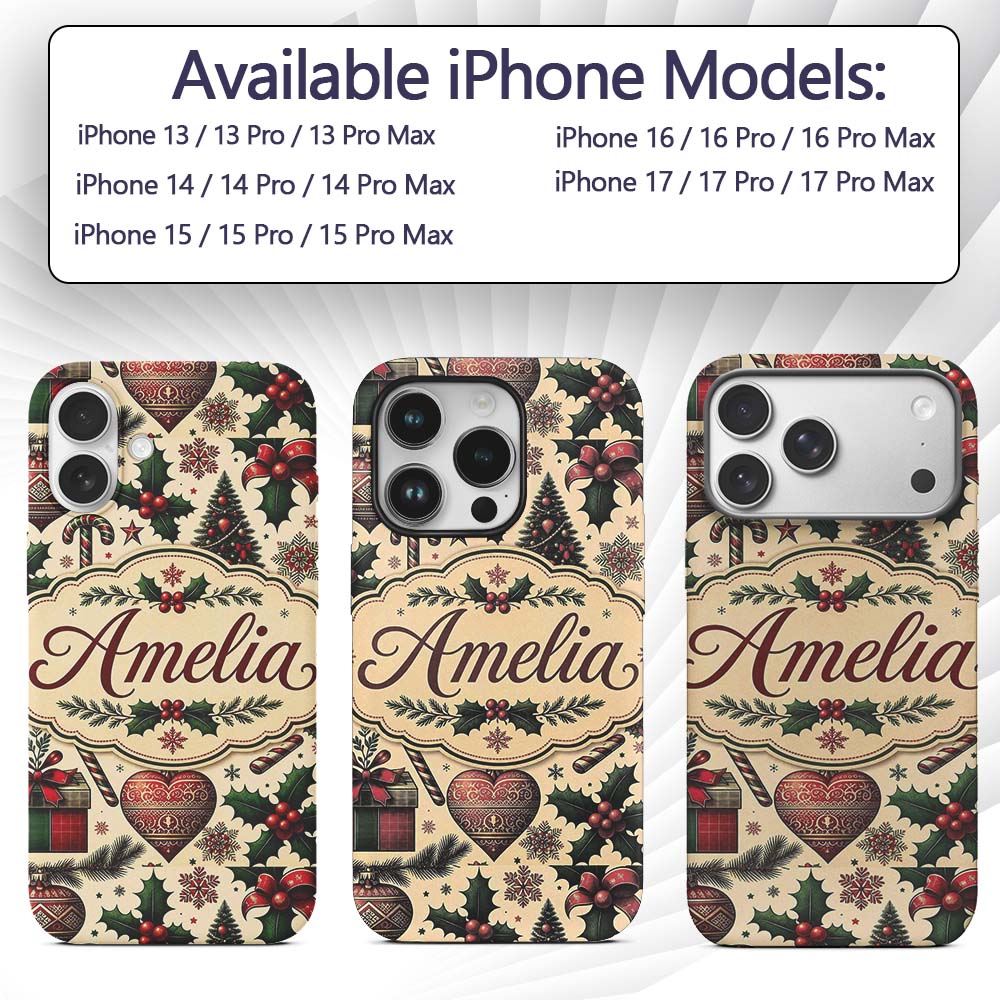 Vintage Christmas Tree Candy Cane Gifts Holly Custom Name Protective Phone Case Mobile Cover Durable Everyday Smartphone Shock Resistant
