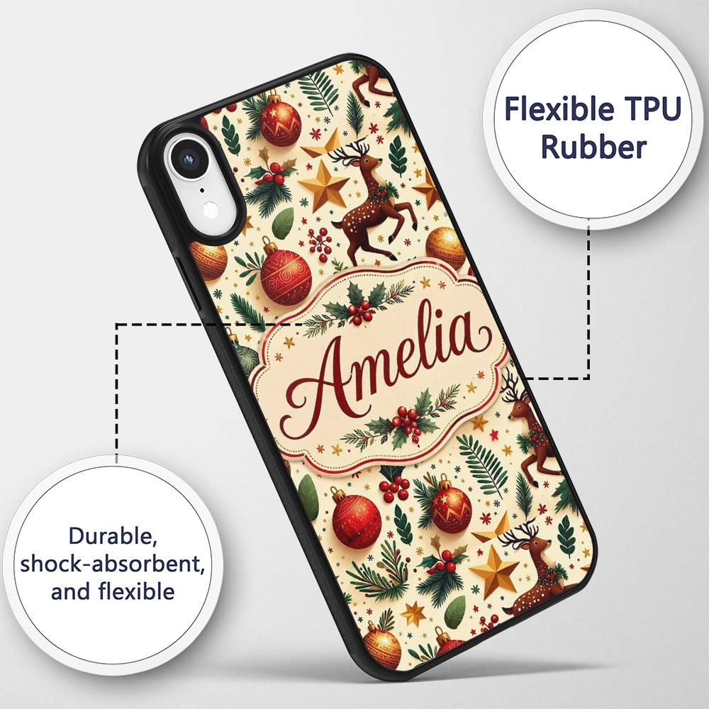 Festive Reindeer Stars Baubles Holly Seamless Custom Name Protective Phone Case Mobile Cover Durable Everyday Smartphone Shock Resistant