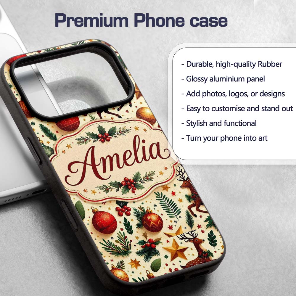 Festive Reindeer Stars Baubles Holly Seamless Custom Name Protective Phone Case Mobile Cover Durable Everyday Smartphone Shock Resistant