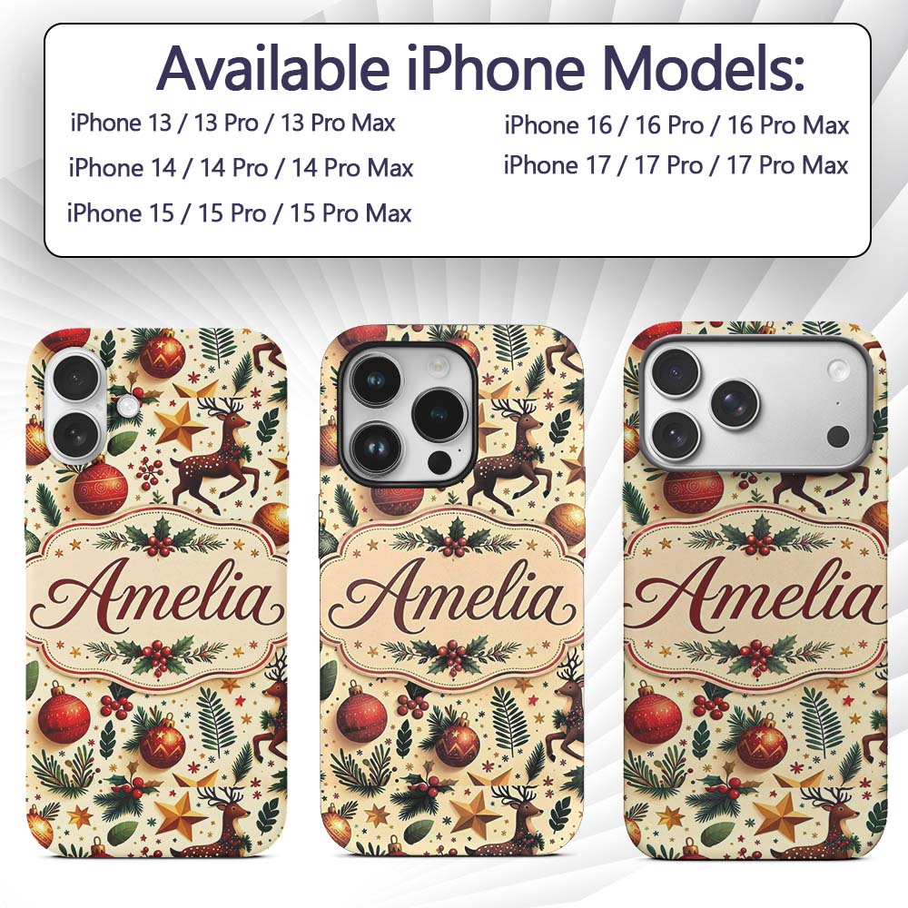 Festive Reindeer Stars Baubles Holly Seamless Custom Name Protective Phone Case Mobile Cover Durable Everyday Smartphone Shock Resistant