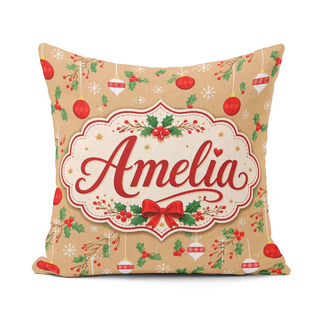 Custom Name Christmas Hanging Baubles Branches Festive Holiday Square Filled Cushion Throw Pillow Sofa Bed Home Decor Zip Washable UK Made