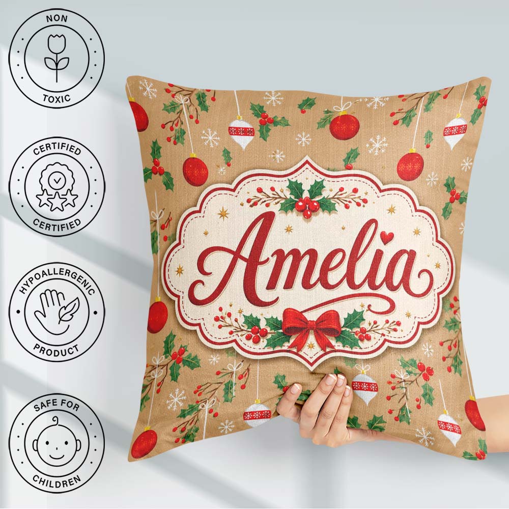 Custom Name Christmas Hanging Baubles Branches Festive Holiday Square Filled Cushion Throw Pillow Sofa Bed Home Decor Zip Washable UK Made