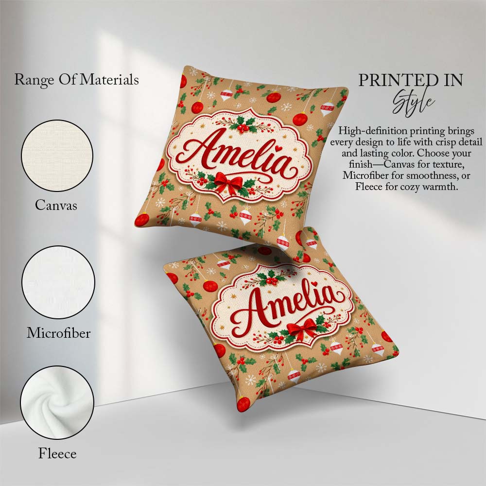 Custom Name Christmas Hanging Baubles Branches Festive Holiday Square Filled Cushion Throw Pillow Sofa Bed Home Decor Zip Washable UK Made