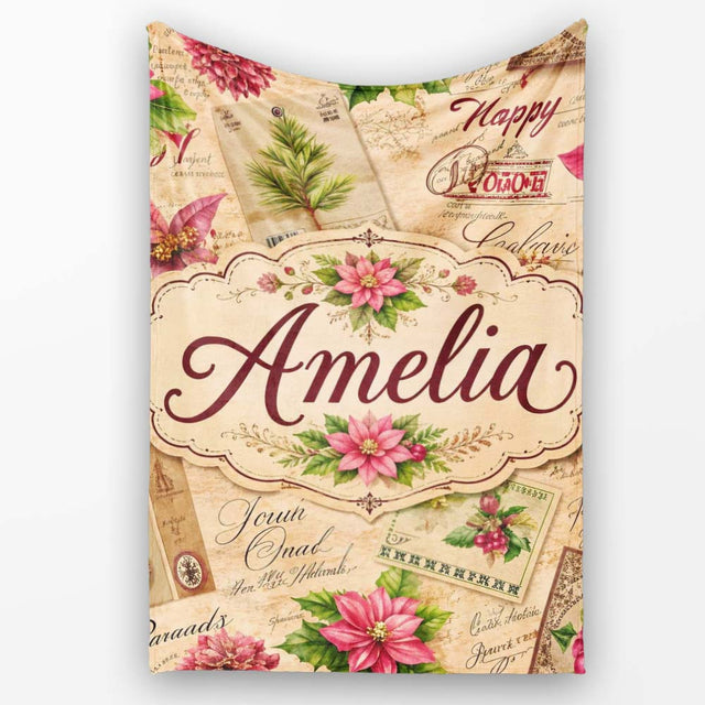 Vintage Christmas Letters Poinsettia Floral Collage Festive Holiday  Personalised Custom Name Super Soft Fleece Blanket Bed Sofa Throw