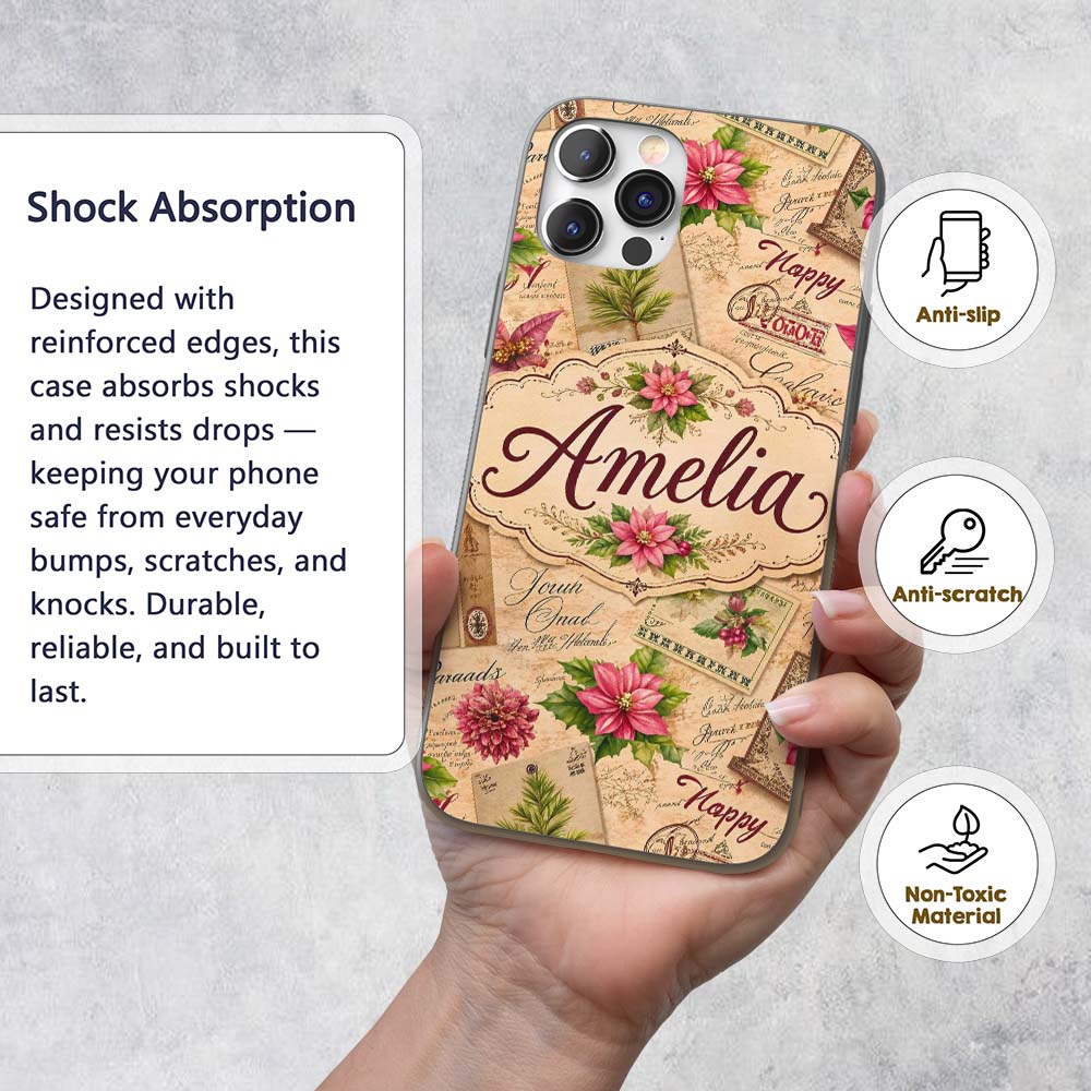 Vintage Christmas Letters Poinsettia Floral Printed Design Custom Name Protective Phone Case Mobile Cover Durable Smartphone Shock Resistant