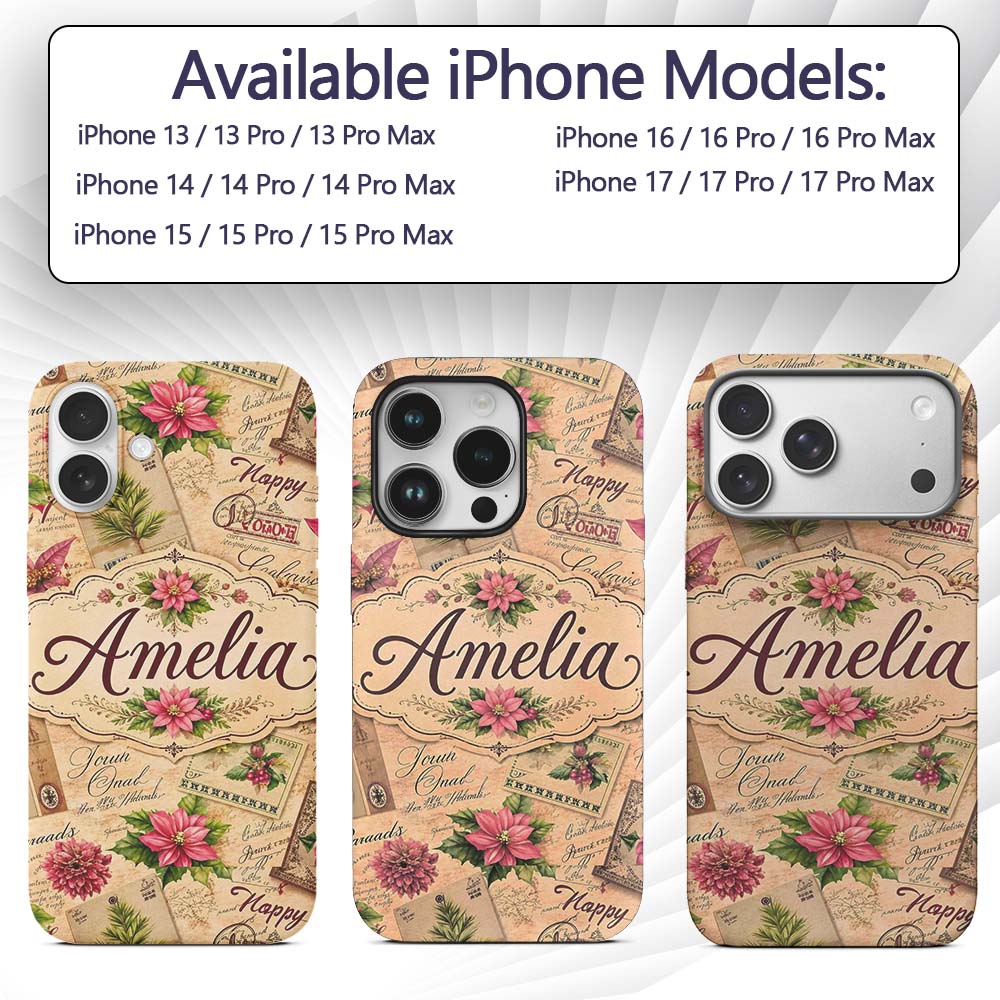 Vintage Christmas Letters Poinsettia Floral Printed Design Custom Name Protective Phone Case Mobile Cover Durable Smartphone Shock Resistant