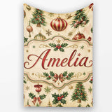 Vintage Christmas Baubles Holly Pine Branches Festive Holiday Design  Personalised Custom Name Super Soft Fleece Blanket Bed Sofa Throw