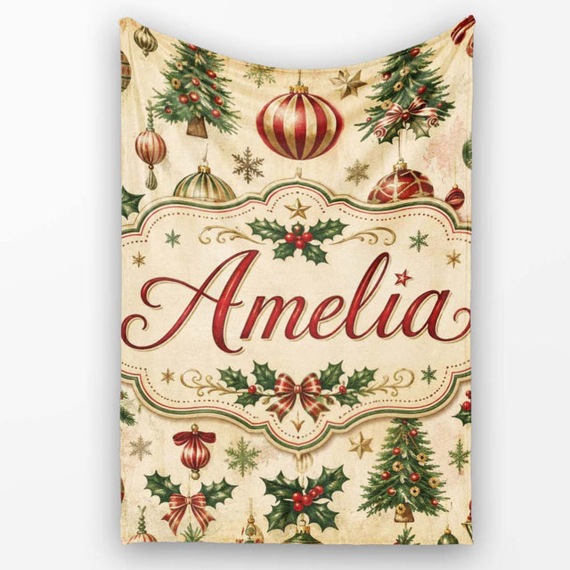 Vintage Christmas Baubles Holly Pine Branches Festive Holiday Design  Personalised Custom Name Super Soft Fleece Blanket Bed Sofa Throw