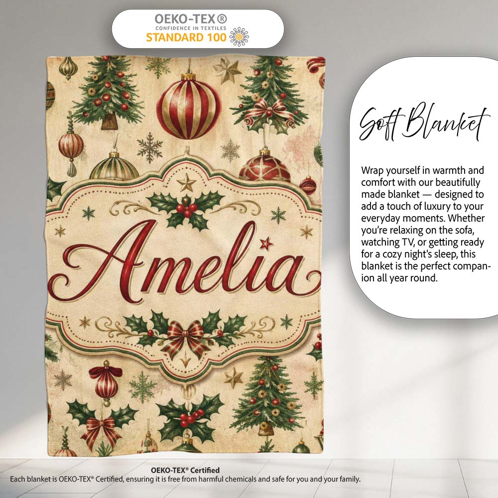 Vintage Christmas Baubles Holly Pine Branches Festive Holiday Design  Personalised Custom Name Super Soft Fleece Blanket Bed Sofa Throw