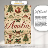 Vintage Christmas Baubles Holly Pine Branches Festive Holiday Design  Personalised Custom Name Super Soft Fleece Blanket Bed Sofa Throw