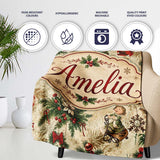 Vintage Santa Gifts Holly Snowflakes Festive Christmas Holiday  Personalised Custom Name Super Soft Fleece Blanket Bed Sofa Throw