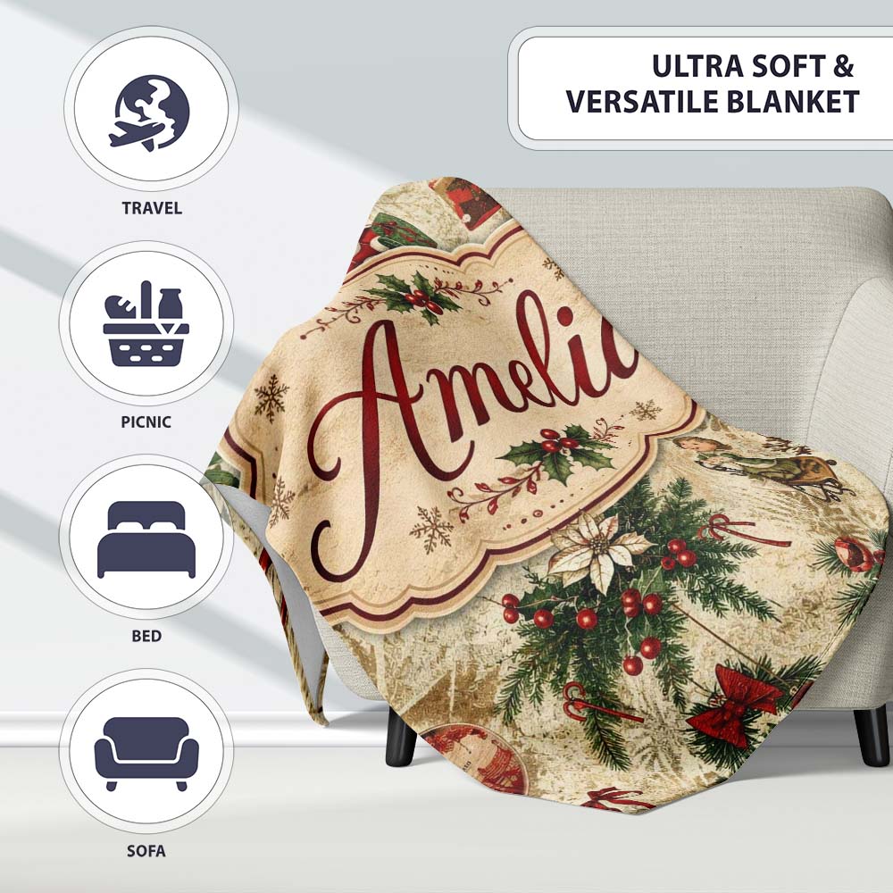Vintage Santa Gifts Holly Snowflakes Festive Christmas Holiday  Personalised Custom Name Super Soft Fleece Blanket Bed Sofa Throw