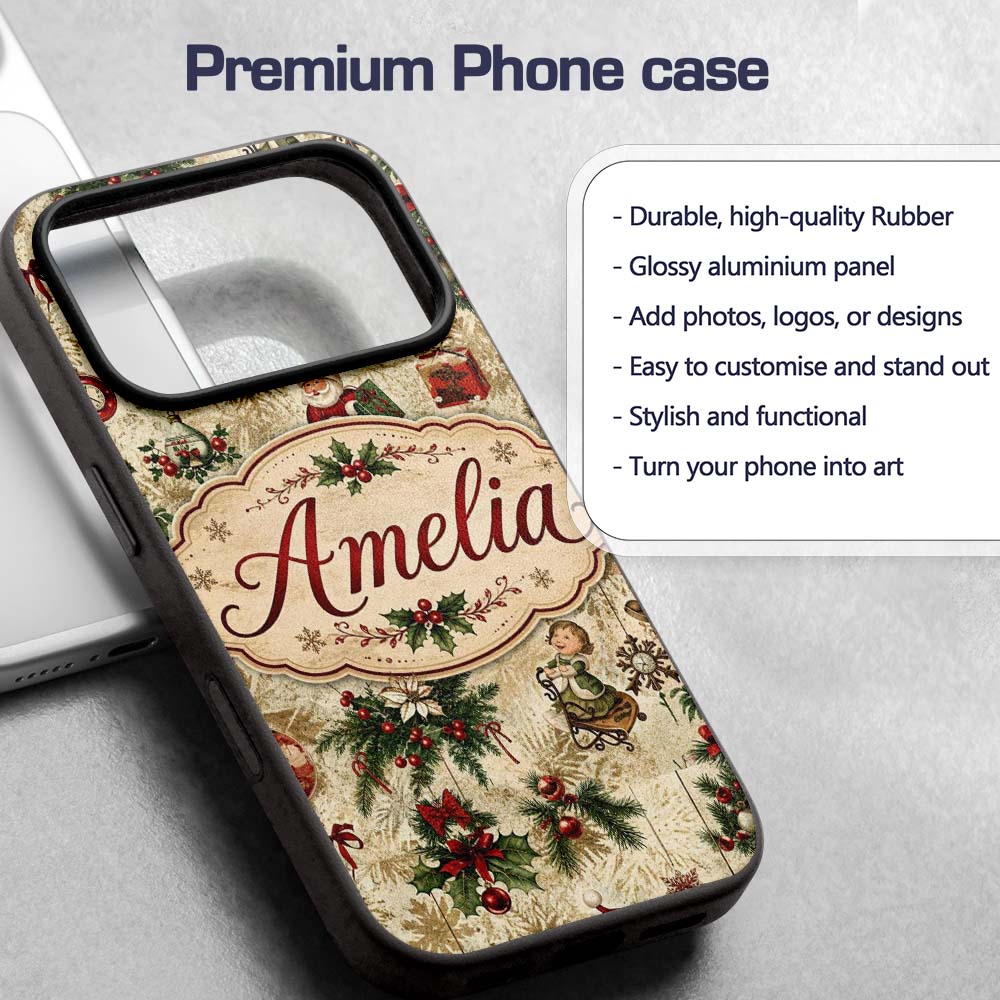 Vintage Santa Gifts Holly Snowflakes Festive Custom Name Protective Phone Case Mobile Cover Durable Everyday Smartphone Shock Resistant