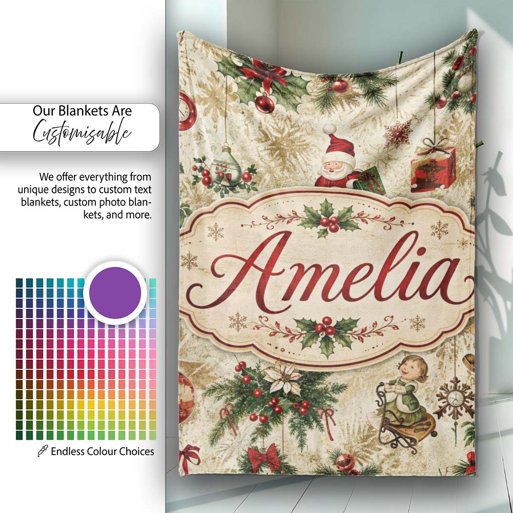 Vintage Santa Gifts Holly Snowflakes Festive Christmas Holiday  Personalised Custom Name Super Soft Fleece Blanket Bed Sofa Throw